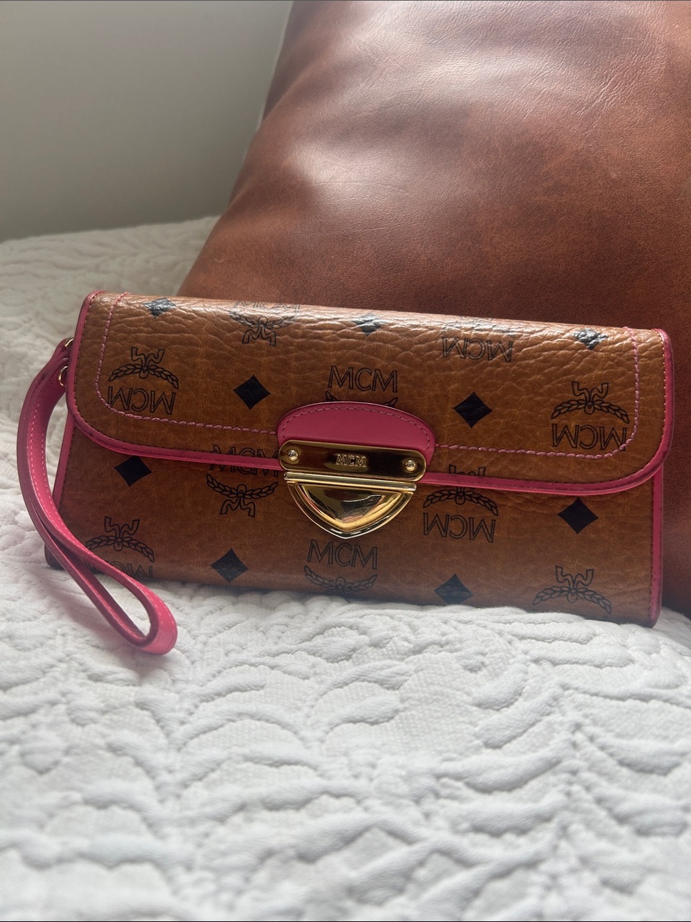 MCM Cognac Logo Wristlet Clutch with Pink Trim and Gold Hardware